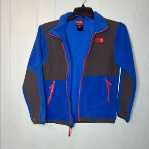 The North Face Blue and Gray Puffer Jacket with Vibrant Accents